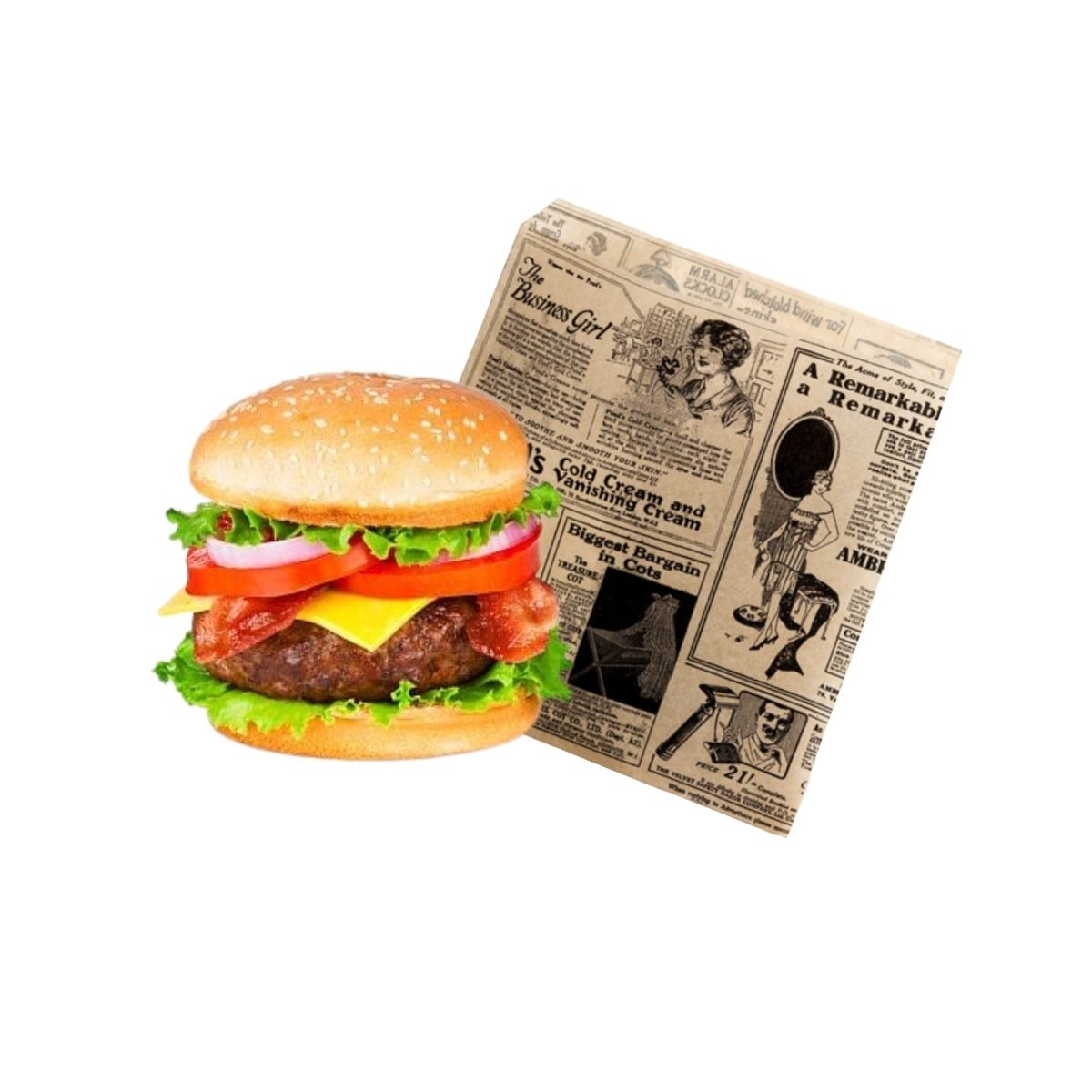Sacchetto per panino color avana con fantasia giornale e hamburger