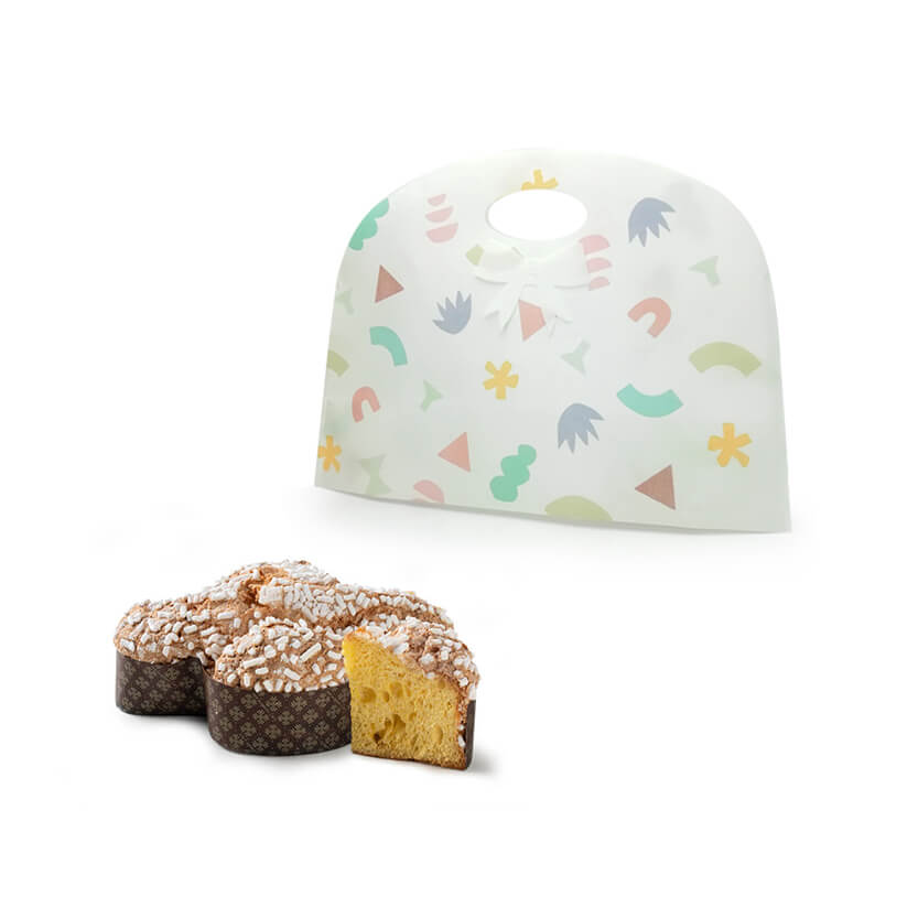 Sacchetto porta colomba con fantasie colorate su sfondo bianco e colomba pasquale 