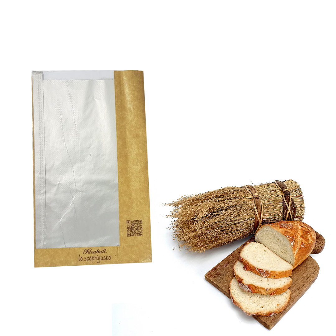 Sacchetto per il pane di carta, vana, con finestra e pane vicino 