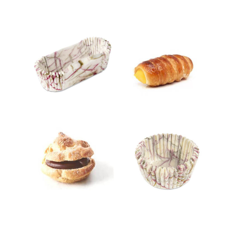 Pirottini marmorizzati di due diverse misure e pasticcini