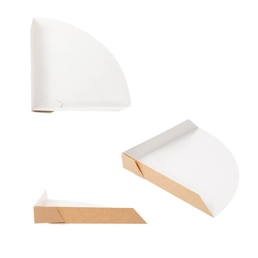 Porta fetta di pizza color avana in cartone, visto da tre prospettive diverse