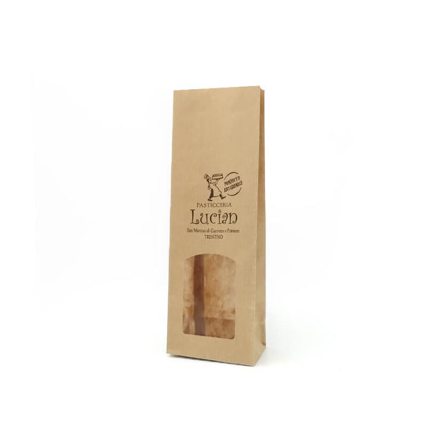 Sacchetto per biscotti di carta color avana con finestra e personalizzato con logo