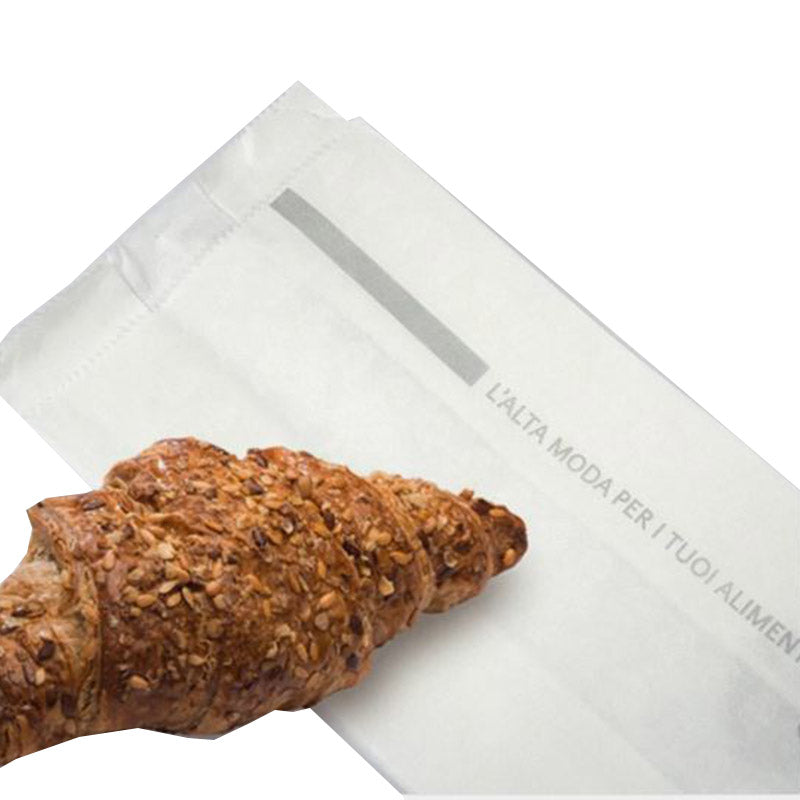 Sacchetto di carta bianca ad uso alimentare chiuso con cornetto sopra 
