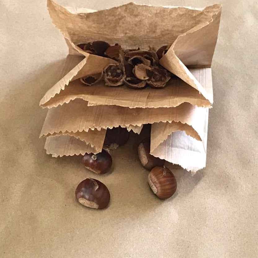 Sacchetto di carta per castagne con due tasche pieno di castagne e bucce 