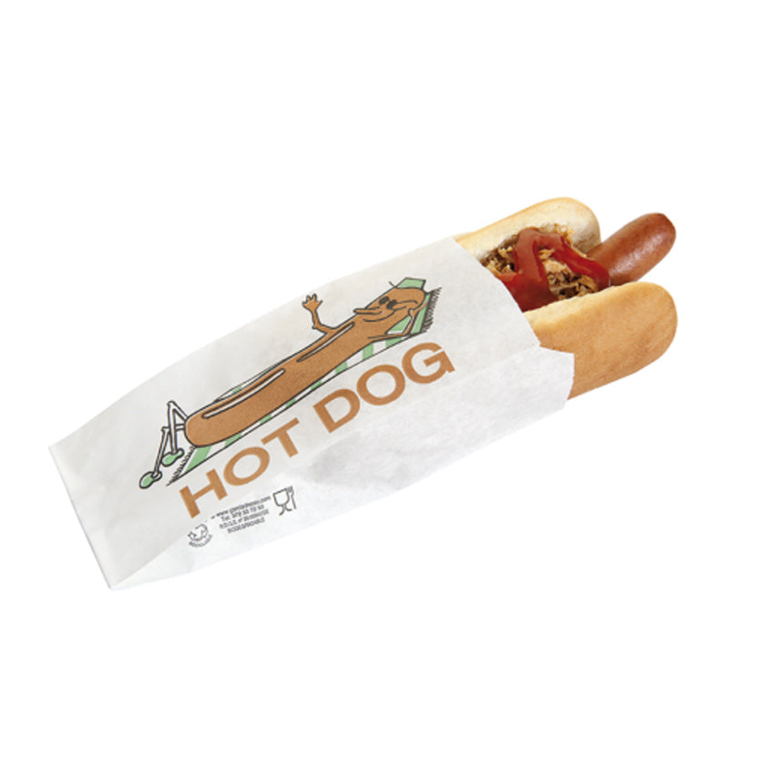 Sacchetto per hot dog, di carta con stampa, con dentro hot dog