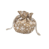 Sacchettino di tela color avana con fiocchi di neve bianchi stampati