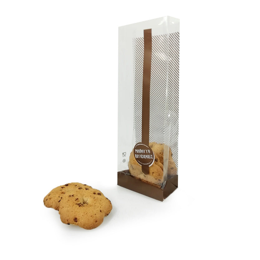Sacchetto trasparente con base quadrata e grafica prodotto artigianale cn dei biscotti 