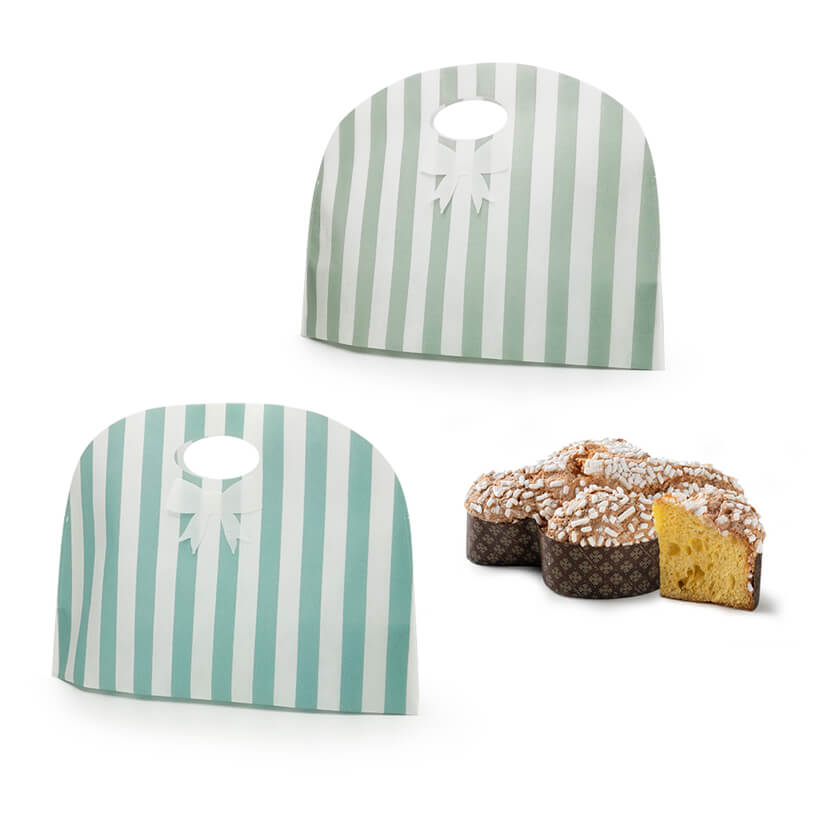 Buste ovali a righe verticali bianche e verde acqua con fiocco bianco per colomba pasquale e una colomba vicino 