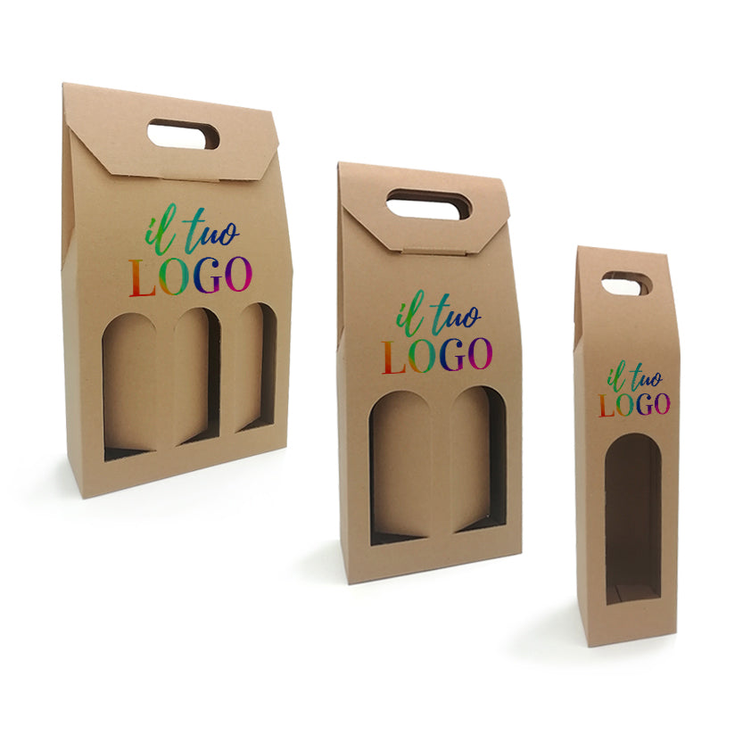Scatole per bottiglia, color avana, con finestre, diverse misure, personalizzate con il tuo logo 