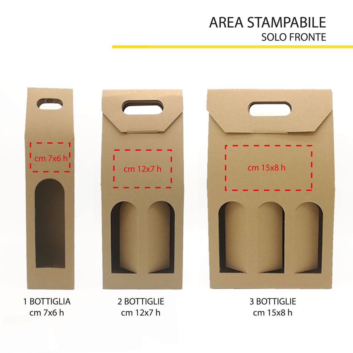 Esempio di area stampabile su varie confezioni di vino color avana