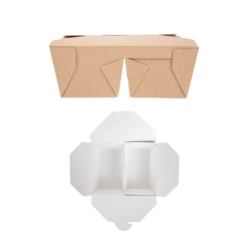 Scatola da asporto in cartone con due scomparti chiusura a farfalla vista da lato e da sopra 