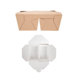 Scatola da asporto in cartone con due scomparti chiusura a farfalla vista da lato e da sopra 