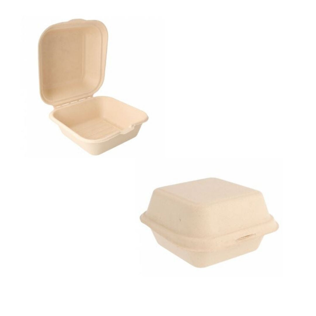 Scatola per hamburger con coperchio attaccato mostrata chiusa ed aperta vuota 