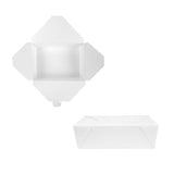 Scatola bianca di cartoncino per cibo da asporto mostrata chiusa di lato e aperta da sopra 