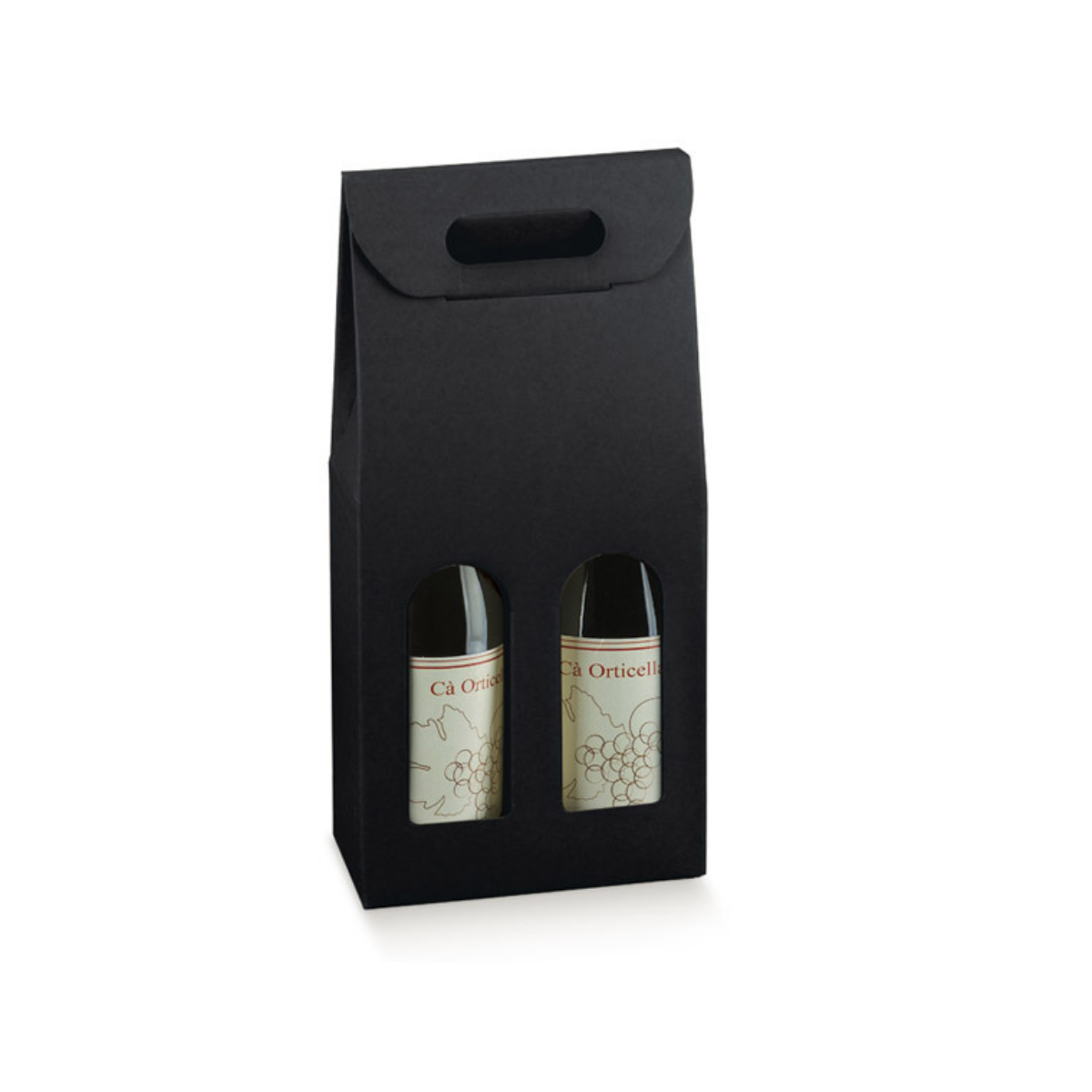 Scatola di carta nera con due finestre per due bottiglie di vino 
