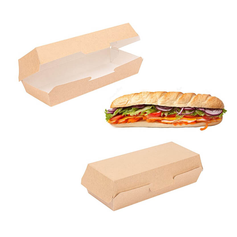 Scatola lunga per panino di cartone, color avana mostrata aperta, chiusa e con un panino lungo vicino 