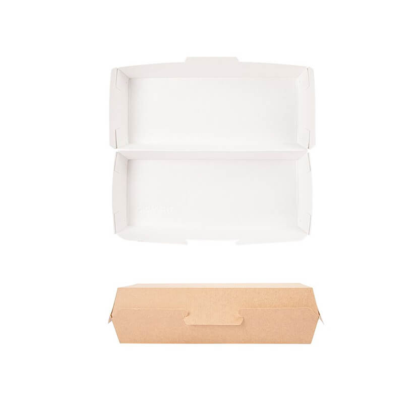 Scatola di cartone color avana per panino lungo mostrata chiusa ed aperta da sopra 