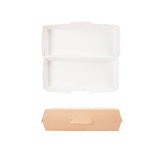 Scatola di cartone color avana per panino lungo mostrata chiusa ed aperta da sopra 