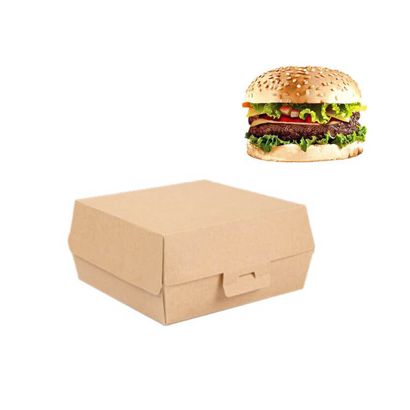 Scatola porta hamburger di cartone chiusa ed un hamburger vicino 