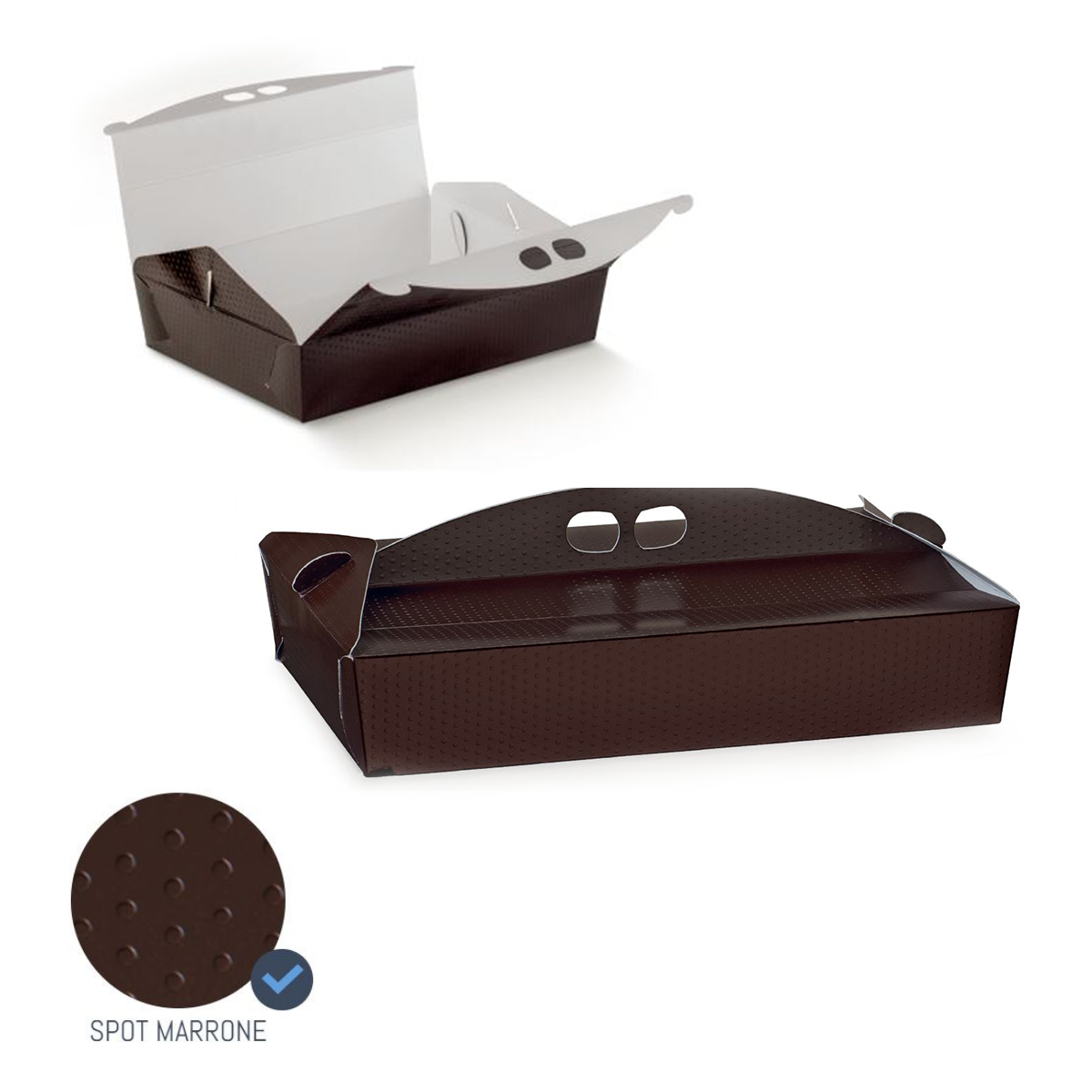 Scatola marrone di carta mostrata aperta e chiusa 