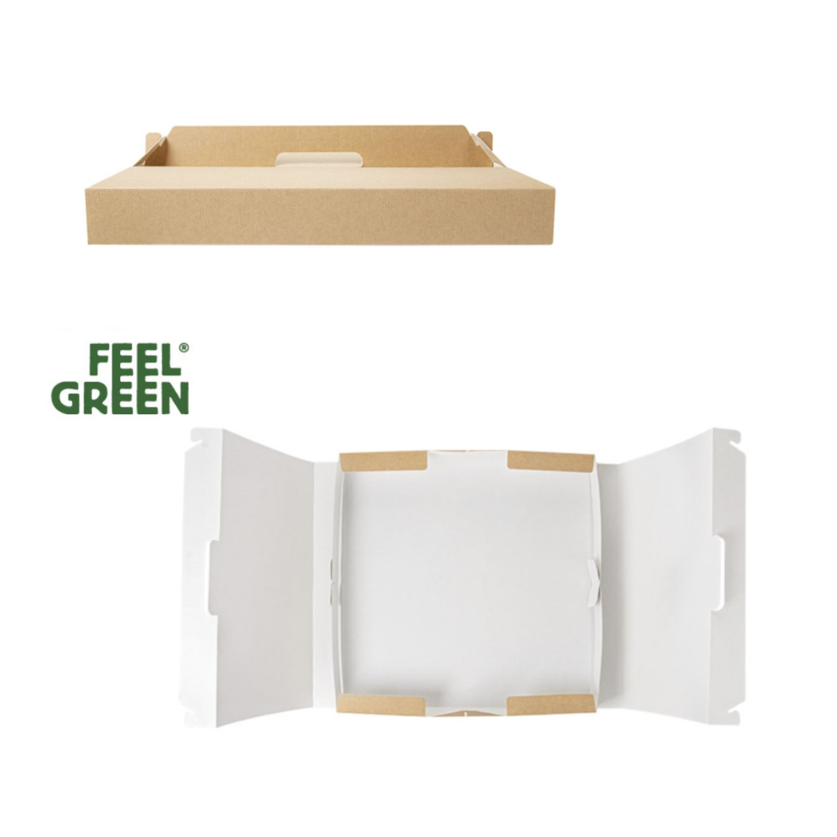 Scatola porta pizza in cartone color avana con manico vista di lato e da sopra aperta 