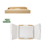 Scatola porta pizza in cartone color avana con manico vista di lato e da sopra aperta 