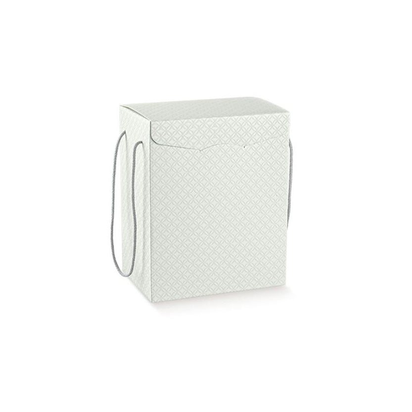 Scatola finitura matelassè grigio per panettone e bottiglia, con manici in cordoncino 