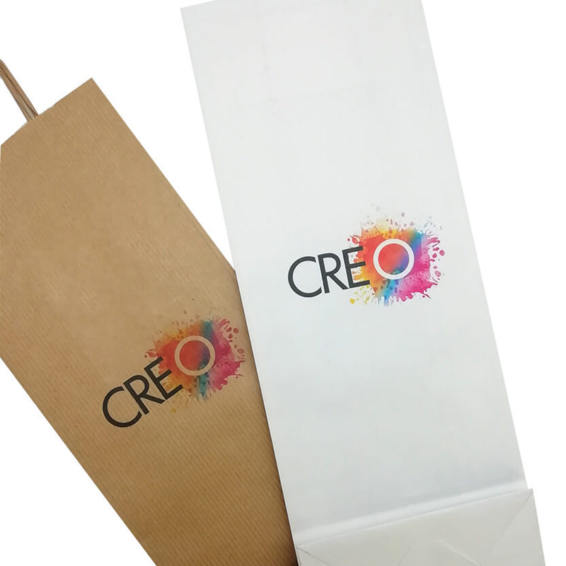 Buste vino, una bianca una avana, di carta, personalizzate con il logo 