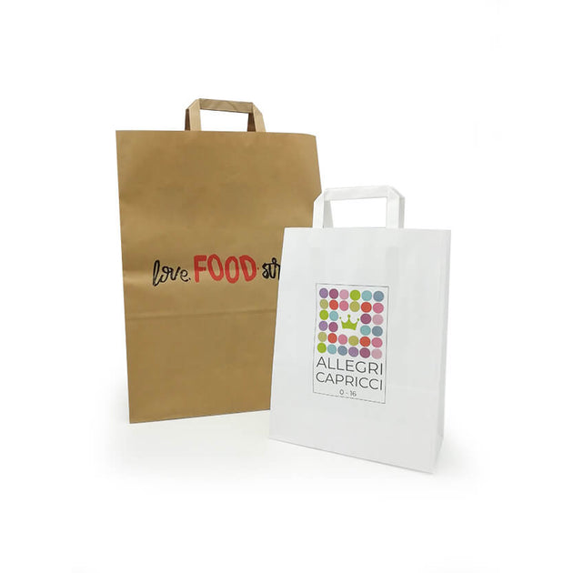 Shopper di carta, una color avana ed una bianca, diverse misure, personalizzate 