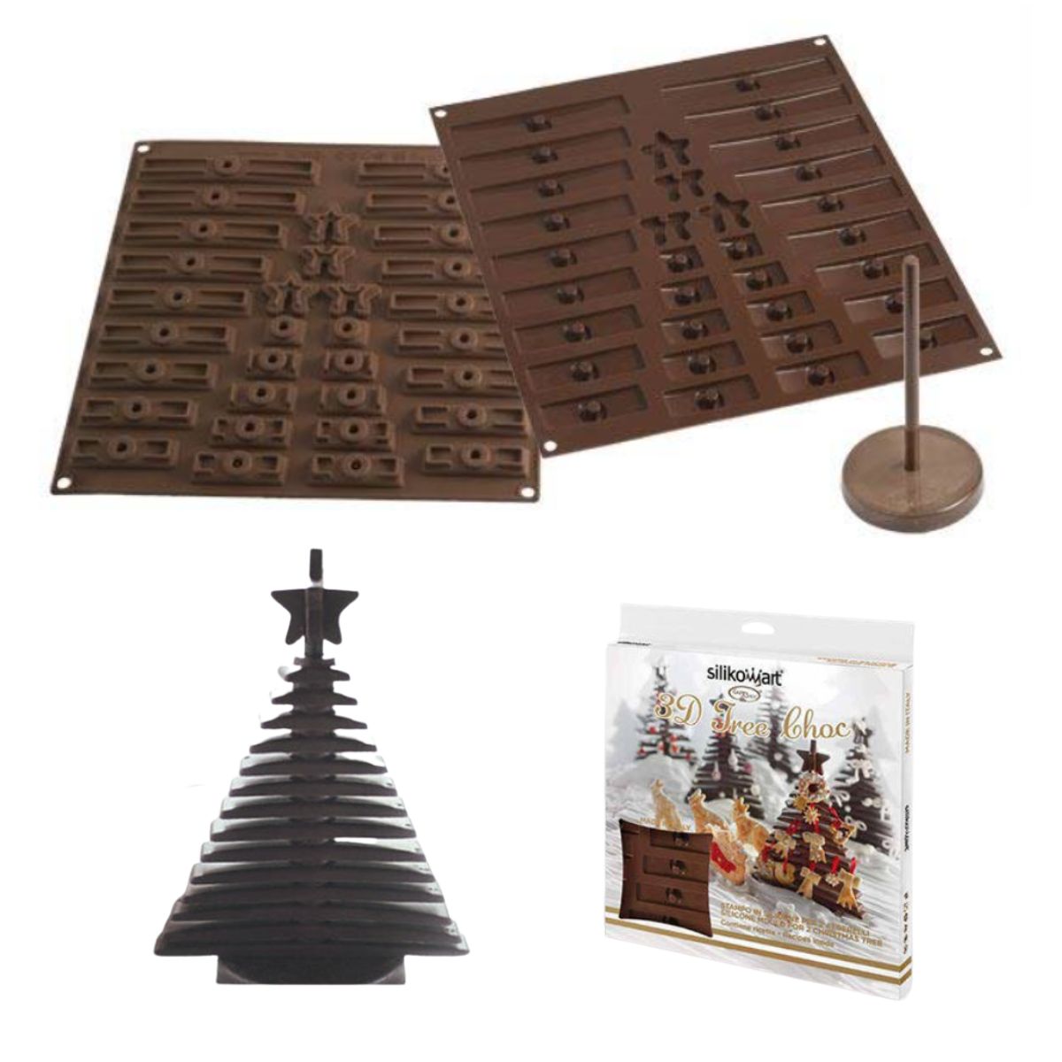 Stampi in silicone per albero di natale di cioccolato, mostrati vuoti, loro confezione e albero di cioccolato 