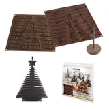 Stampi in silicone per albero di natale di cioccolato, mostrati vuoti, loro confezione e albero di cioccolato 