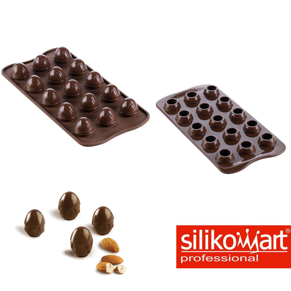 Stampo silicone per ovettini di cioccolato, mostrato sui due lati 