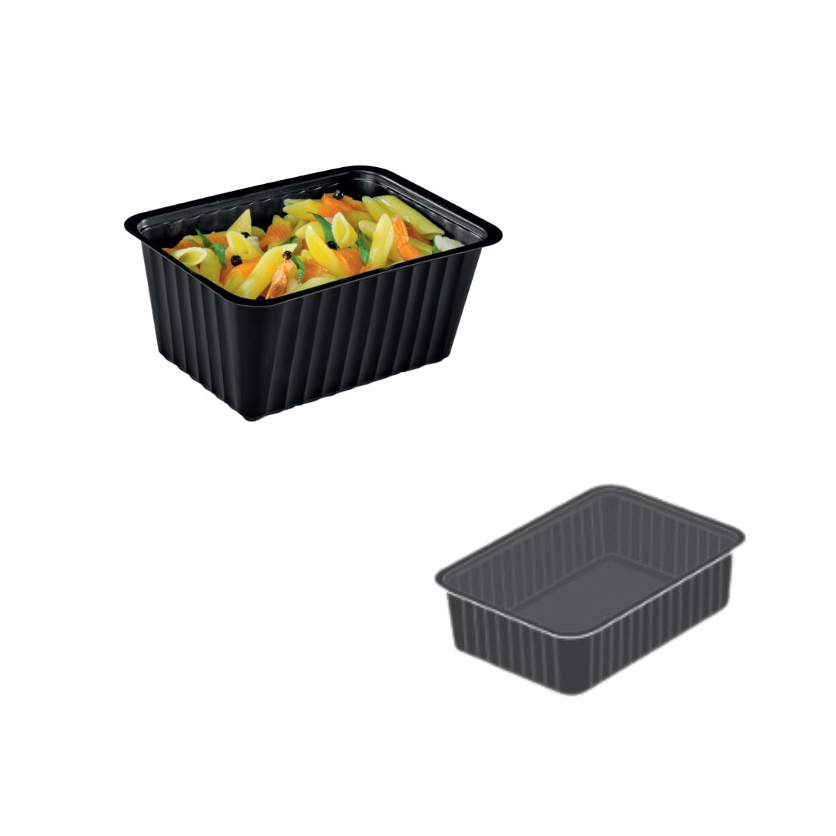 Vaschetta di plastica nera mostrata piena  suo disegno 