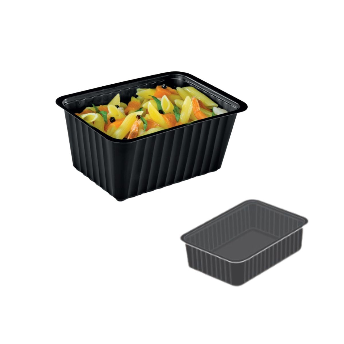 Vaschetta nera di plastica piena di cibo e disegno