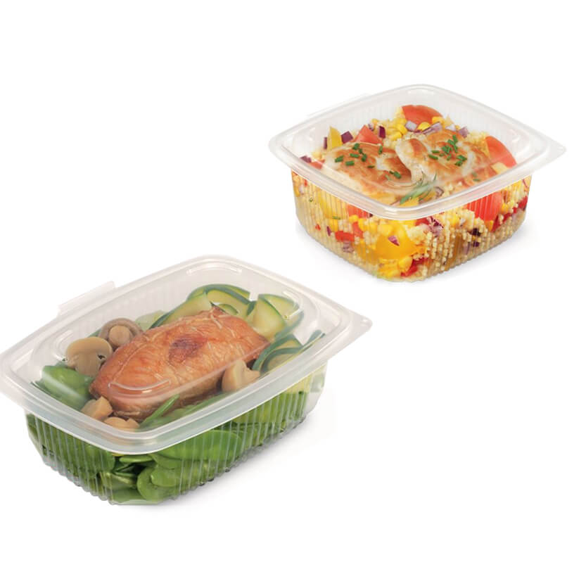 Due vaschette con coperchio attaccato di plastica trasparente piene di cibo 