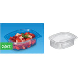 Vaschetta trasparente con coperchio attaccato, mostrata piena di frutta e suo disegno 