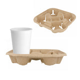 Vassoio di cartone color avana per 4 bicchieri da asporto, mostrato vuoto e con un bicchiere di carta bianco 