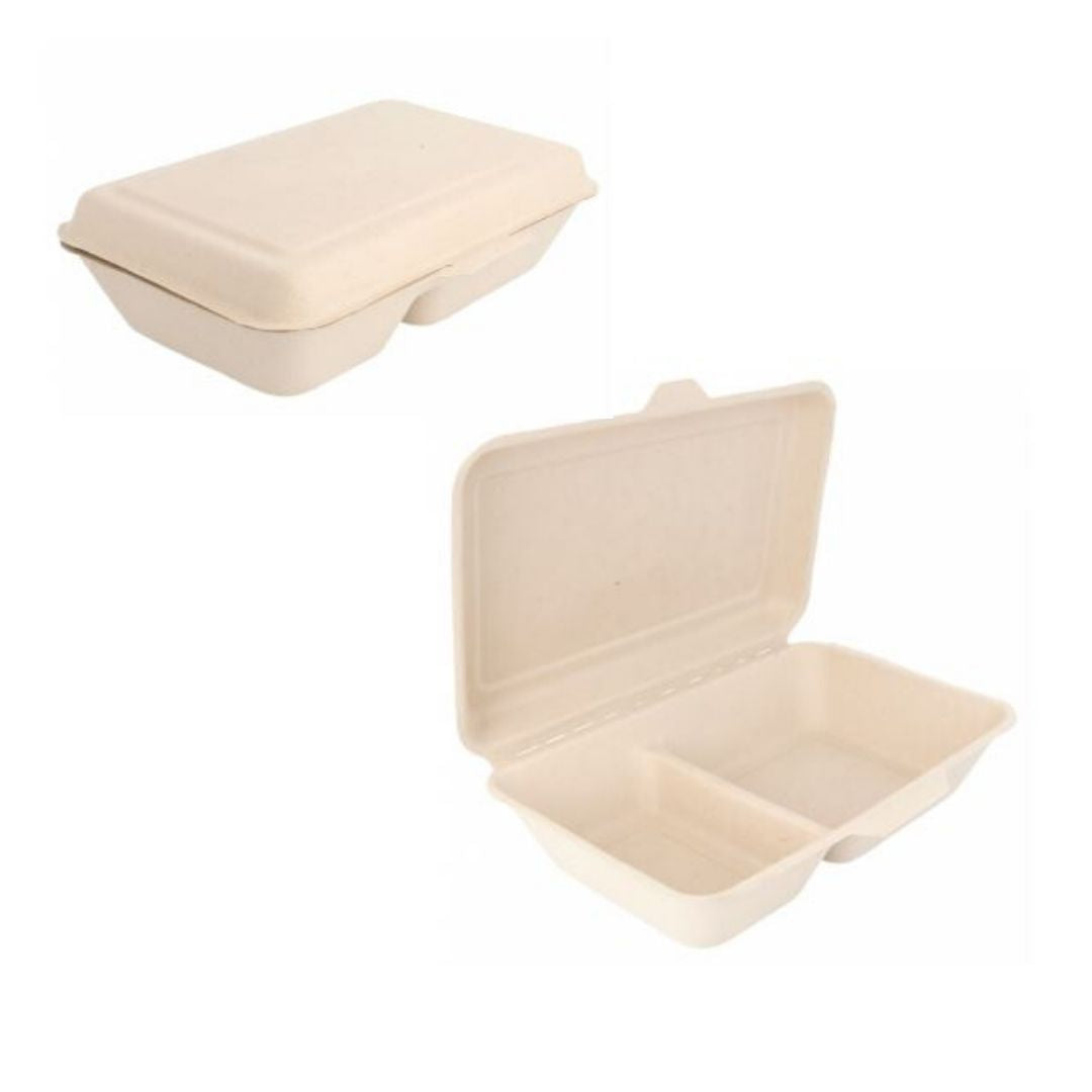 Vassoio due scomparti con coperchio attaccato mostrato chiuso ed aperto 